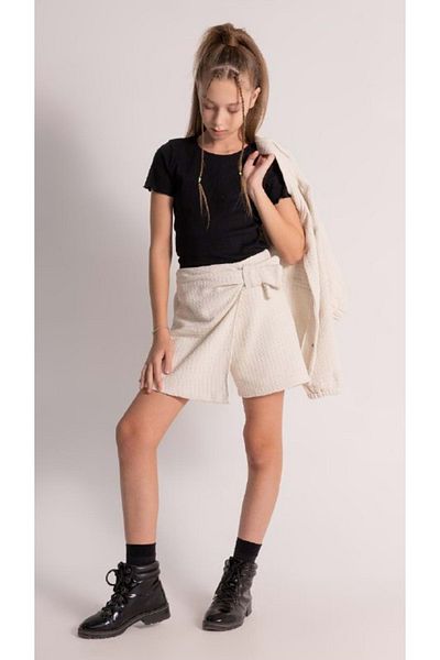 wakawakakidsstore Tweed Fabric Cover Pocket Jacket Bow Detailed Shorts Skirt Girls' Set