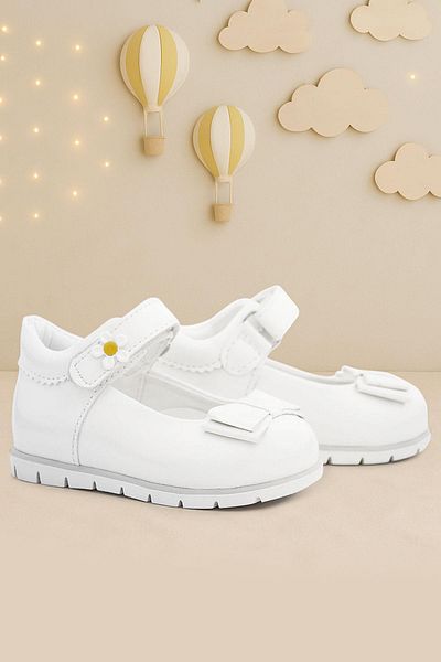 Rakerplus White Patent Leather Bow Daisy Detailed Baby Girl Ballerina Shoes