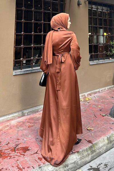 lamelif Καφέ Σατέν Φόρεμα - Σχέδιο Μπροστινό Ντραπέ