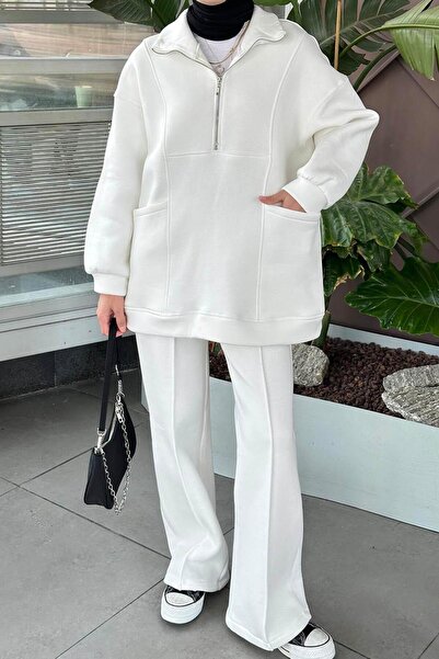 lamelif Half Zipper Three Thread Hijab Suit White