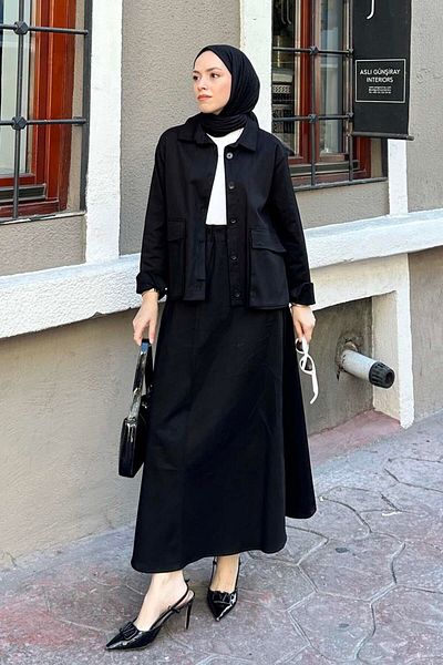 lamelif Σετ Hijab Διπλή Φούστα με Λεπτομέρεια Τσέπης Μαύρο
