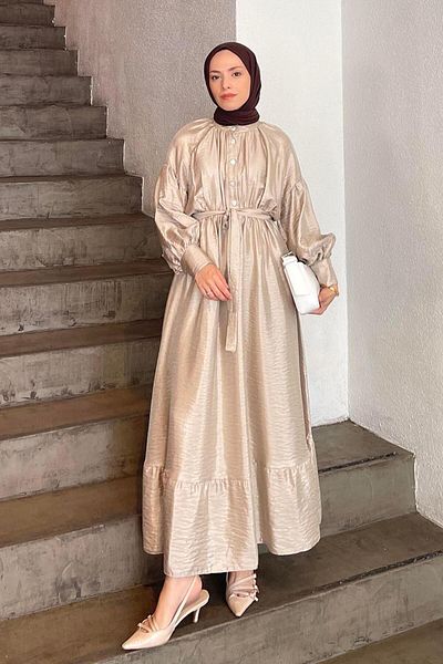 lamelif Beige Colored Stone Button Detailed Dress