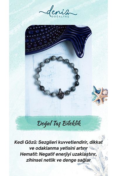 Deniz Doğal Taş Certified Cat's Eye & Hematite Natural Stone Bracelet