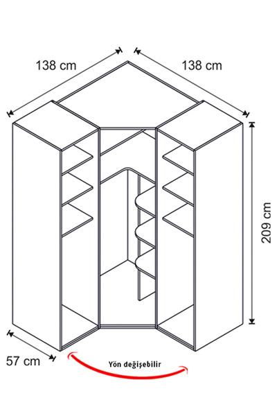 benim odam Rose 3 Kapılı Cam Kapaklı Köşe Dolap Genç / Çocuk Odası 803