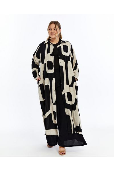 THE CABIN Large Size Black and White Patterned Shirt Dress