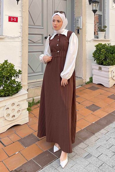 lamelif Γαρνιρισμένο φόρεμα με ρίγες Bitter Brown