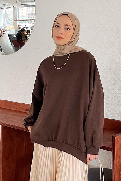 lamelif Loose Sweat Bitter Brown - Φούστα με μανίκια και μανίκια με μανσέτες