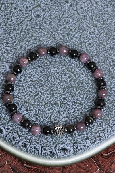 Saff Doğal Taş Certified Ruby, Obsidian and Hematite Natural Stone Bracelet