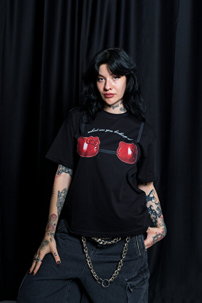 CİNEMA MODA Tricou negru pentru femei cu imprimeu Red Kitty