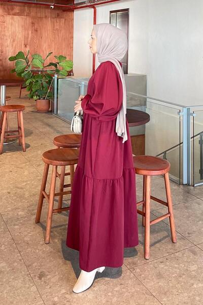 lamelif Καλοκαιρινό φόρεμα με μπαλόνι μανίκι μπορντό