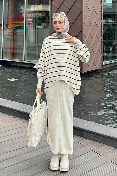 lamelif Striped Knitwear Hijab Suit Ecru