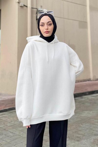lamelif Φούτερ με κουκούλα Oversize με πλαϊνές τσέπες Λευκό