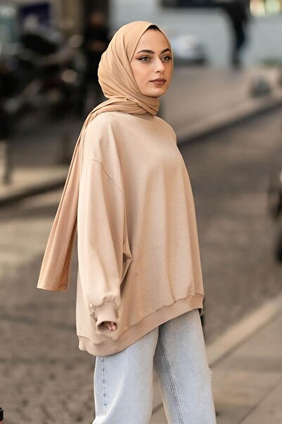 lamelif Γαλακτώδες καφέ μπαλόνι φαρδύ ιδρώτας με μανίκια και μανσέτες