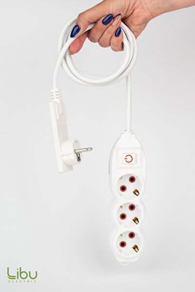 Libu Electric Üçlü Priz Ince Fişli, Topraklı, Kablolu, Led Anahtarlı, 2 Metre-beyaz
