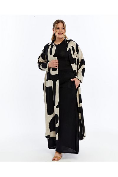 THE CABIN Large Size Black and White Patterned Shirt Dress