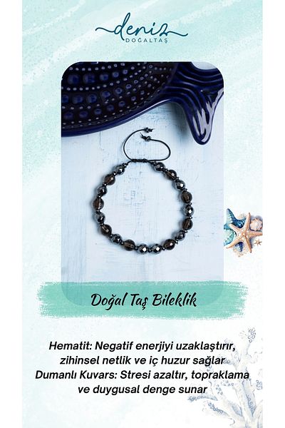 Deniz Doğal Taş Certified Hematite and Smoky Quartz Natural Stone Bracelet