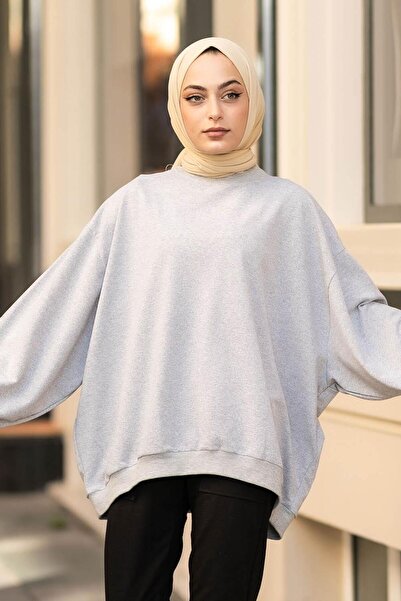 lamelif Μπαλόνι μανίκι γιακά και φούστα με μανσέτα Loose Sweat Grey