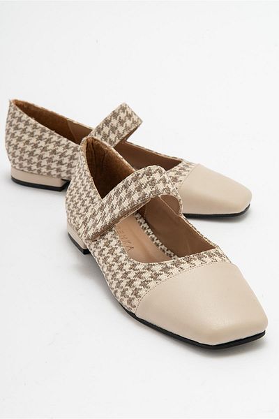 Niloshka TOWN Beige Houndstooth Velcro Casual Ballet Shoes