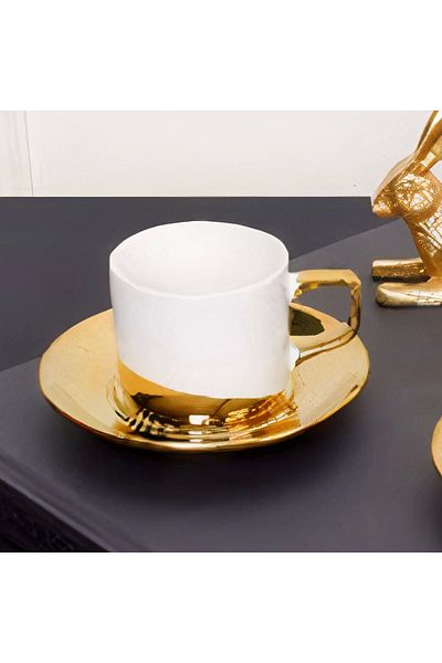 Sembol طقم فناجين قهوة بورسلين 100 مل من Opus Gold Gilt لشخصين باللون الأبيض Purebone-56