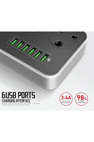 Foji 2M Universal Extension Lead | 3 UK Plug Outlets + 6 USB Charging Ports | Power Strip with Surge