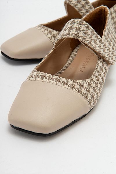 Niloshka TOWN Beige Houndstooth Velcro Casual Ballet Shoes