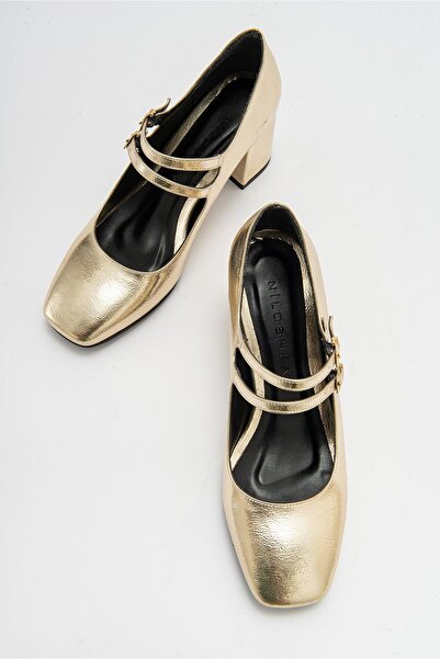 Niloshka Roya Altın Metalik Çift Tokalı Topuklu Kadın Ayakkabı