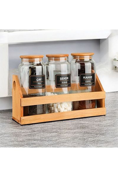 Consensus Home 3Pcs 1300ml Tea Coffee Sugar Jar with Bamboo Lid, with New Stand and Label