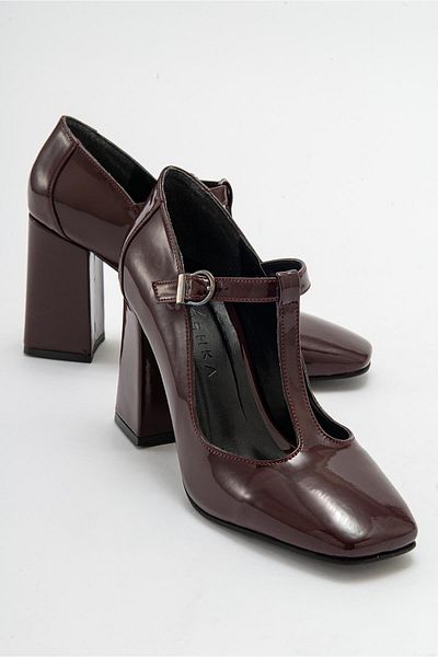 Niloshka OMERA Claret Red Patent Leather Thick Heeled Women's Shoes