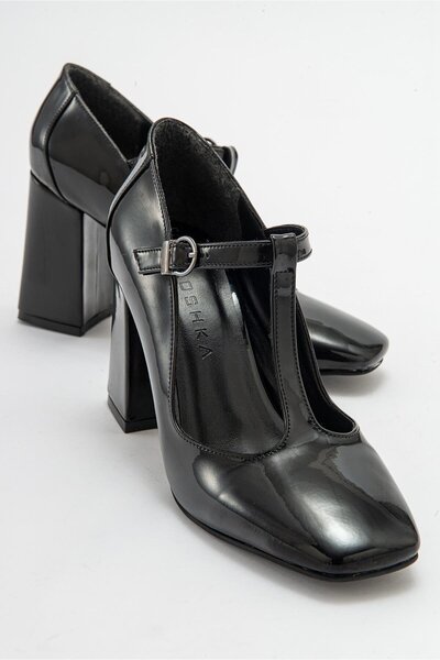 Niloshka Pantofi de damă cu toc gros din piele lăcuită neagră OMERA