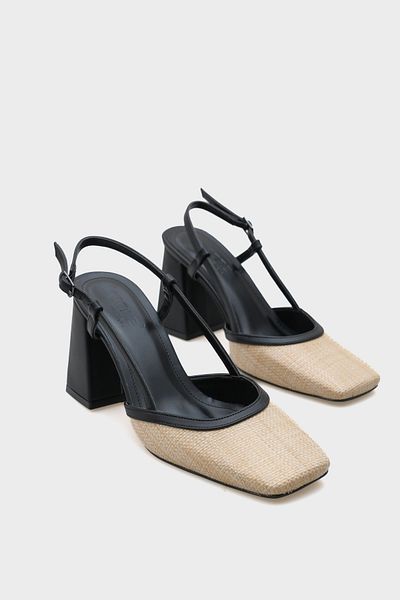 Capone Outfitters Paige Open Back Blunt Toe Thick Heeled Straw Damenschuhe