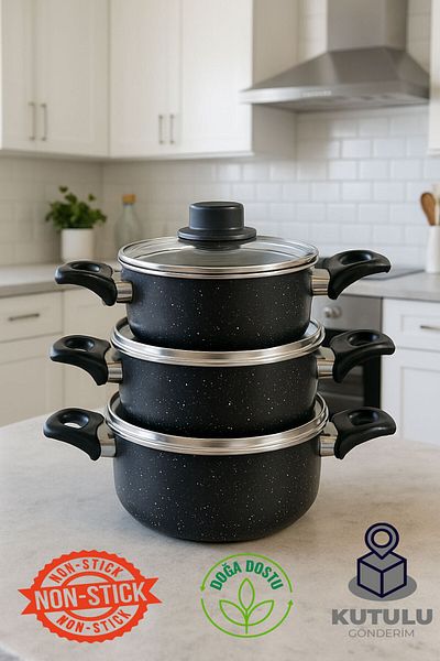 ENASHOP 6 Piece Granite Storage Container with Glass Lid - Midi Cookware Set 12Cm-14Cm-16Cm