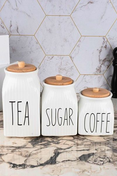 Woodcept Set of 3 Porcelain Sugar Tea Coffee Jars with Writing, Porcelain Jar Set with Wooden Lids