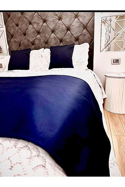 Becenhouse Bed Runner Set Double Navy Blue for Home and Hotels 1 Runner 2 Cushion