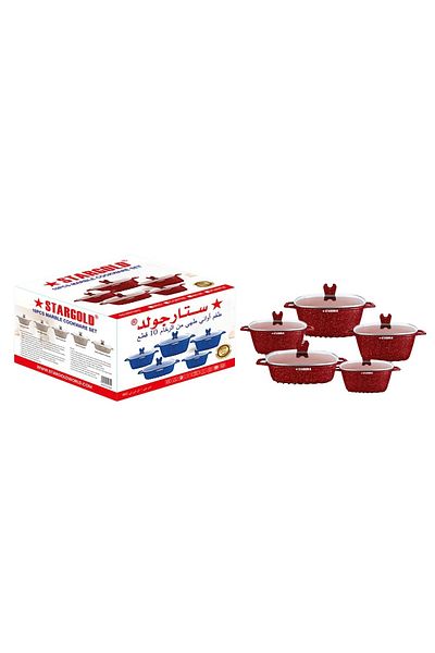 Generic Stargold 10-piece Marble Nonstick Cookware Set – Stylish Red Pots With Glass Lids For All Stovetops