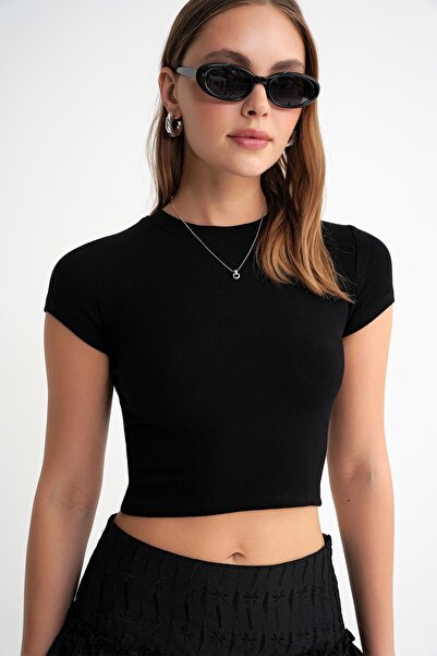 Mixray 2011 Γυναικείο T-Shirt Slim Fit Basic Crop Μαύρο