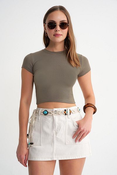 Mixray 2011 Women's Slim Fit Basic Crop T-Shirt Khaki