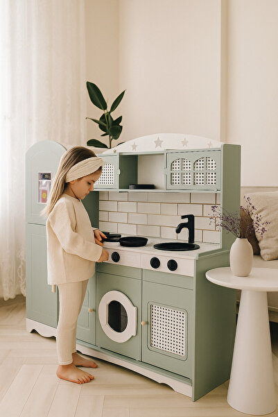 Hedef Çocuklar İçin Vintage Ahşap Oyuncak Mutfak Buzdolabı 1 Led Işıklı