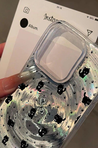 EWEC iPhone 13/14 Uyumlu Sevimli Siyah Kedi ve Pati Desenli Hologramlı IMD Premium Telefon Kılıfı