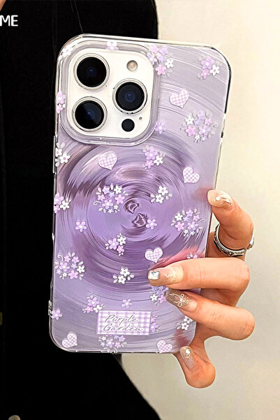 EWEC iPhone 13/14 Uyumlu Mor Çiçek ve Kalpli Purple Garden Hologramlı IMD Premium Telefon Kılıfı