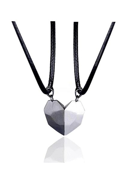 AlpCollection Gray Black Two Pieces Magnet Double Heart Lover Metal Necklace Jewelry