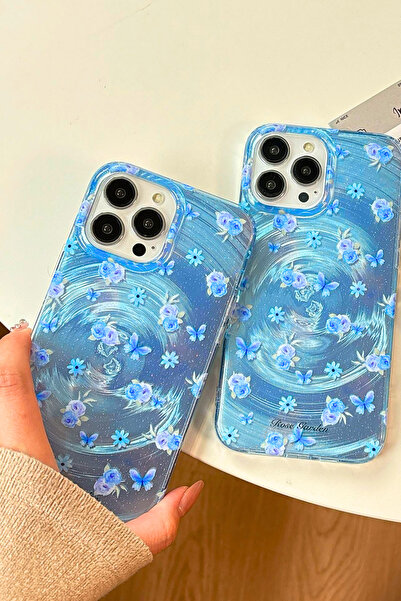 EWEC iPhone 13/14 Uyumlu Gradyan Mavi Gül ve Kelebek Hologram Ins Style IMD Premium Telefon Kılıfı
