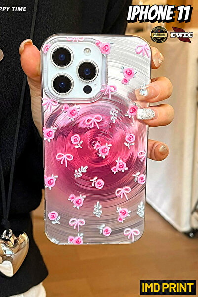 EWEC İphone 11 Uyumlu Pembe Gül Ve Fiyonk Temalı Hologramlı Ins Style Imd Premium Telefon Kılıfı