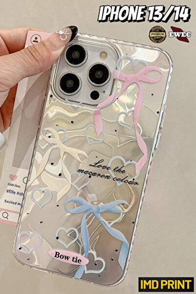 EWEC iPhone 13/14 Uyumlu Renkli Fiyonk ve Kalp Temalı Hologram Ins Style IMD ...