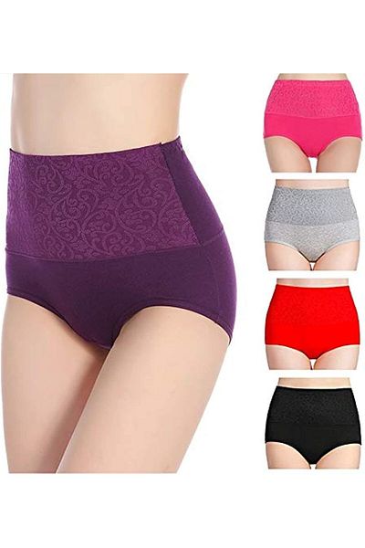 Glamroot Women's Cotton High Waist Full Coverage Tummy Control Panty, Free Size (Pack Of 4 Panty) As