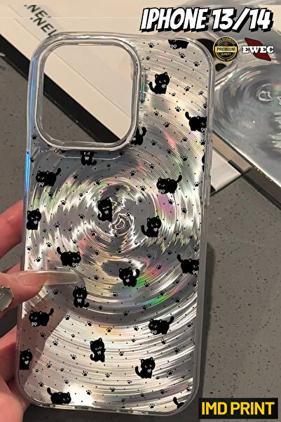 EWEC iPhone 13/14 Uyumlu Sevimli Siyah Kedi ve Pati Desenli Hologramlı IMD Pr...