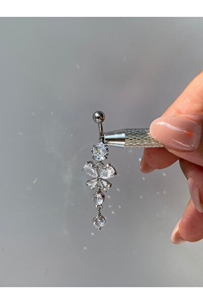 kurukafagift Çelik Göbek Piercing Sallantılı Zirkon Taşlı Kelebek Model Parlak Gümüş Renk