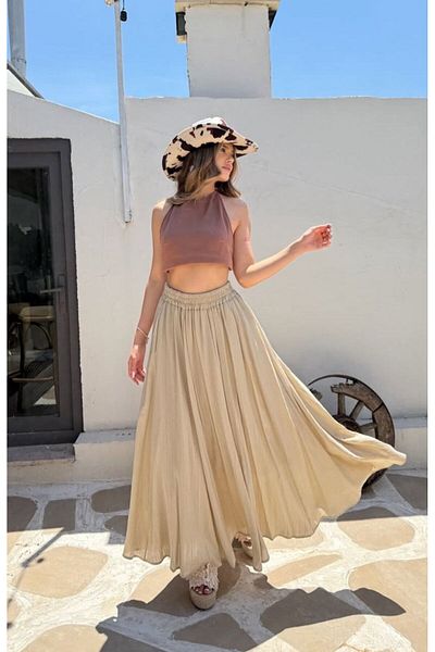 MODAGK Seersucker Linen Lined Kilos Bohemian Skirt-Cream Color