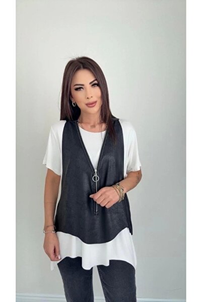 Asil Acar Home Women's Short Sleeve Round Neck Viscose Blouse + Sleeveless Zipper-Up Crack Leather Vest