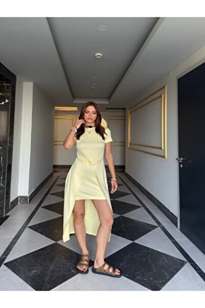 YONEZ MODA Kadın Rahat Kalıp Düğüm Detaylı Modal Kumaş Diz Üstü Elbise