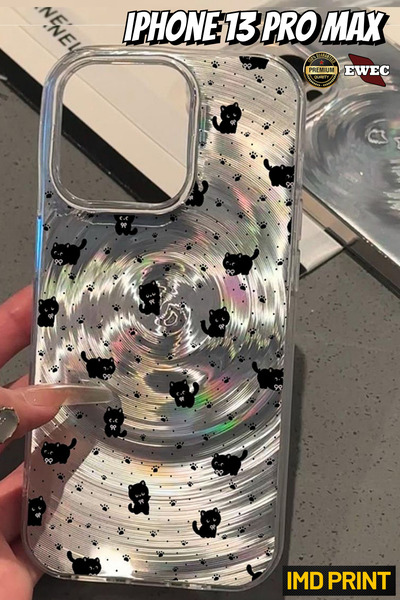 EWEC İphone 13 Pro Max Uyumlu Sevimli Siyah Kedi Ve Pati Desenli Hologramlı I...